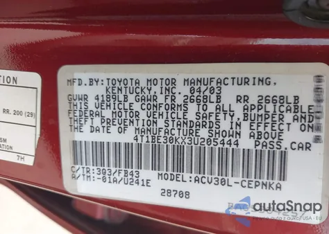 2003 Toyota Camry Le z USA, uszkodzony, nr VIN 4T1BE30KX3U205444